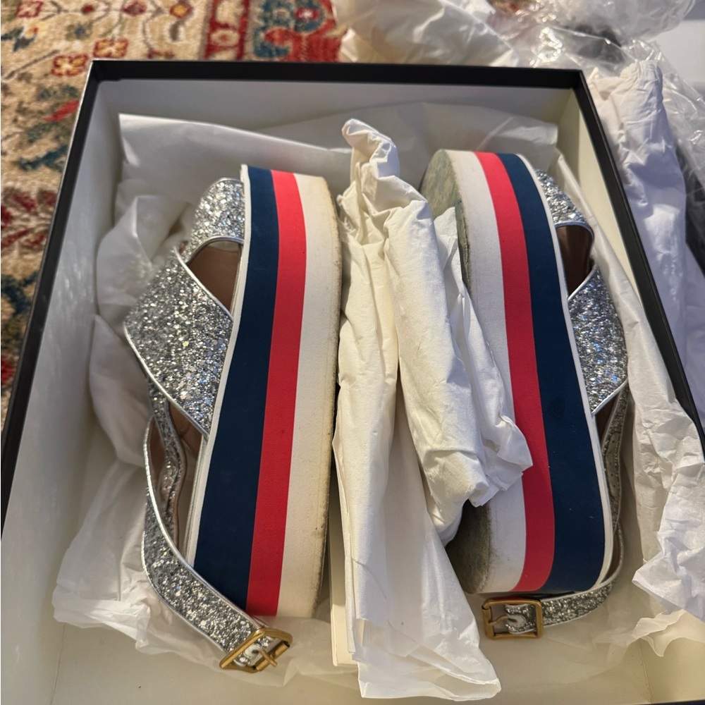 Gucci Silver Glitter Platform Sandals with Red and Blue Stripes - Picture 7 of 8